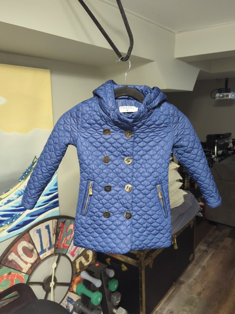 CHANEL Girls Small BLUE CC LOGO QUILTED PUFFER JACKET COAT